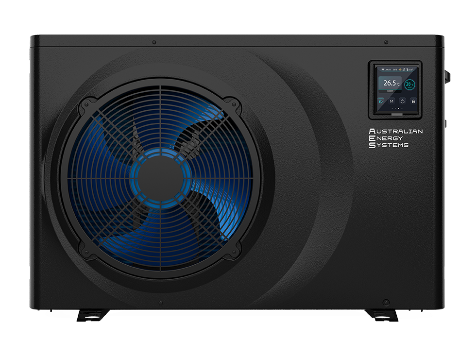 A sleek, modern black Australian Energy Systems unit featuring a large circular fan on the left side and a digital display screen on the upper right corner for various controls and settings. The cutting-edge EFI Ultra Inverter Heat Pump technology ensures efficient operation. | AES - Pool Heating & Energy Efficient Products