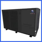 A large, black industrial generator with the label "Loncin" on its side and a small emblem in the top right corner. The generator has multiple ventilation grilles and rests on a blue-bordered background. | AES - Pool Heating & Energy Efficient Products
