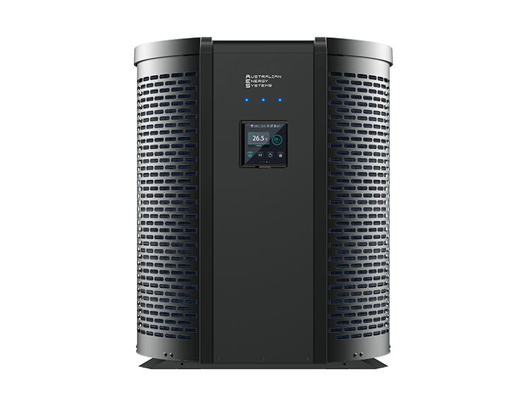 A black standalone air purifier with a cylindrical shape, featuring a digital control panel on the front displaying information. The purifier, part of the TDI Ultra line, has a perforated design for air intake and is set against a white background. | AES - Pool Heating & Energy Efficient Products