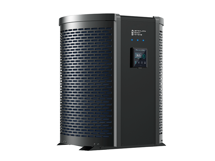 A dark gray, rectangular TDI Ultra outdoor heat pump unit stands on a white background. The unit features a front digital control panel with a small display screen and various buttons. The sides and back are lined with ventilation grilles. | AES - Pool Heating & Energy Efficient Products