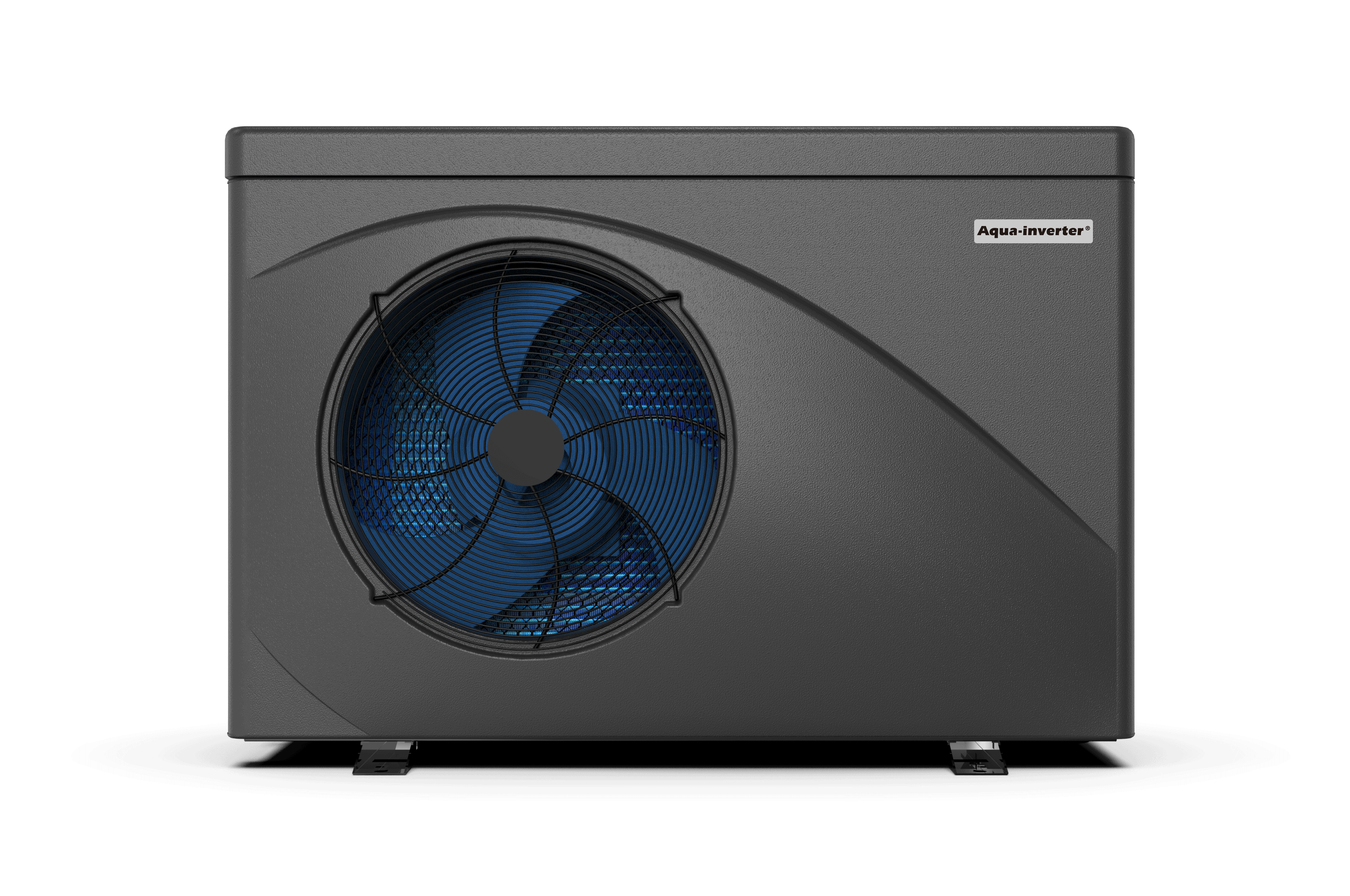 An Inverter Plus air source heat pump, featuring a dark gray housing with a circular blue fan grill on the left side. The unit is rectangular and appears to be standing on two small black feet, making it an ideal Commercial Heat Pump solution. | AES - Pool Heating & Energy Efficient Products