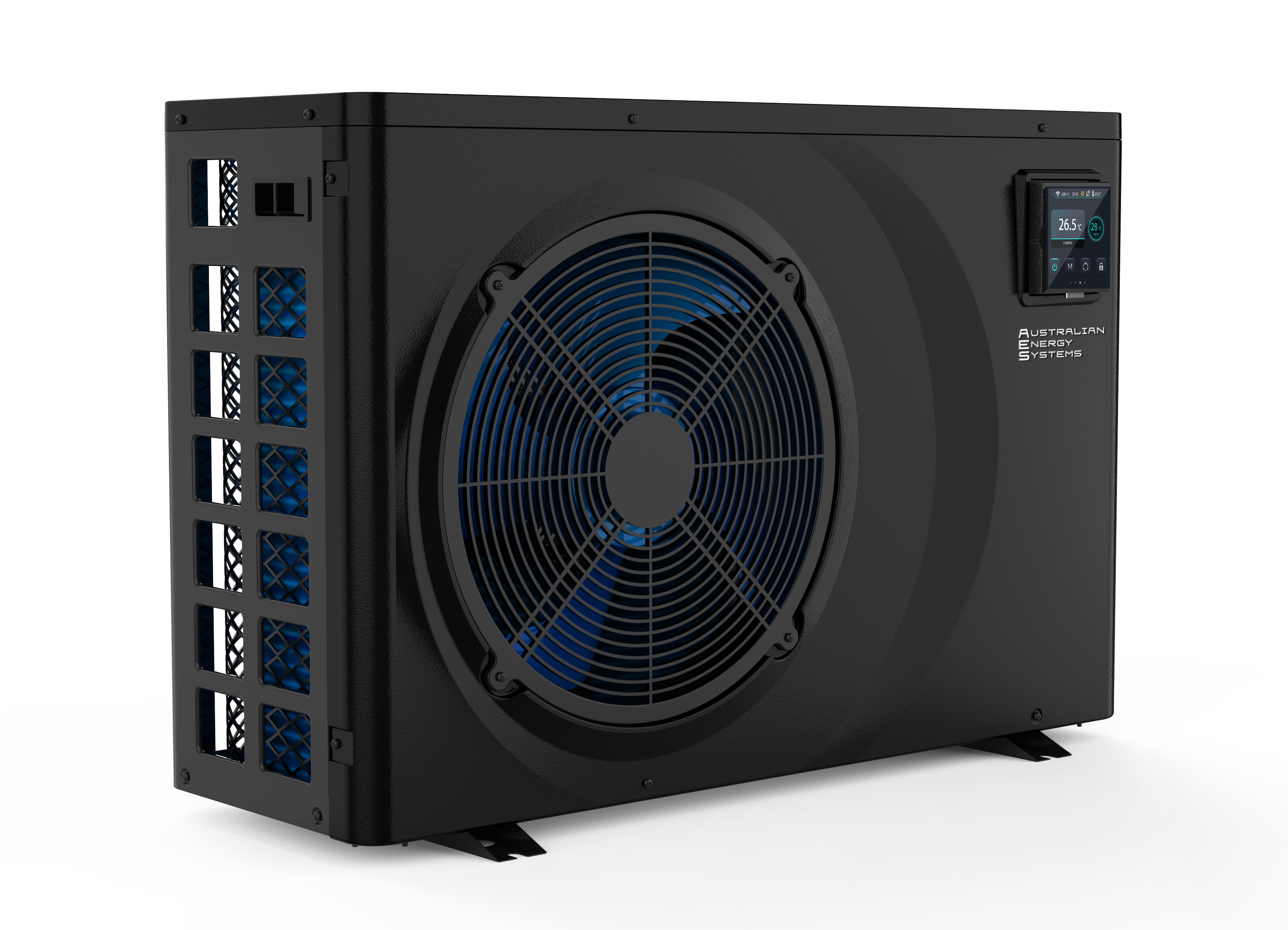 A sleek, black cooling unit with a large circular fan and a digital display screen on the front, this EFI Ultra Inverter features multiple blue-vented panels on the side. Standing on a flat surface casting a shadow, it's an efficient heat pump for modern homes. | AES - Pool Heating & Energy Efficient Products