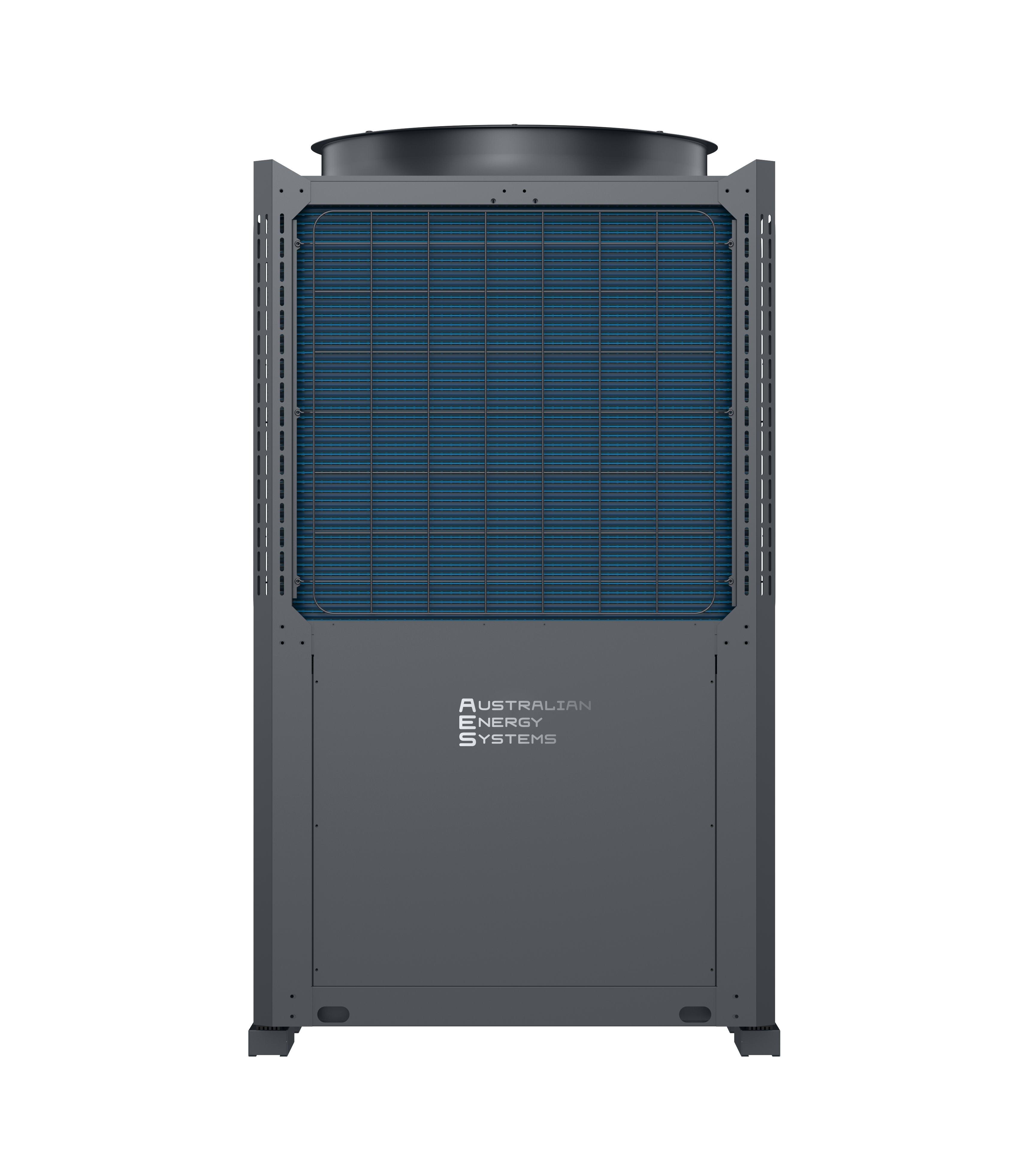 A tall, rectangular, dark grey HVAC unit with a large vented front panel and a fan on top. The front panel displays the logo and name "Australian Sun Energy Systems." This Pioneer MEGALINE commercial heat pump stands on four short legs and is set against a plain white background. | AES - Pool Heating & Energy Efficient Products