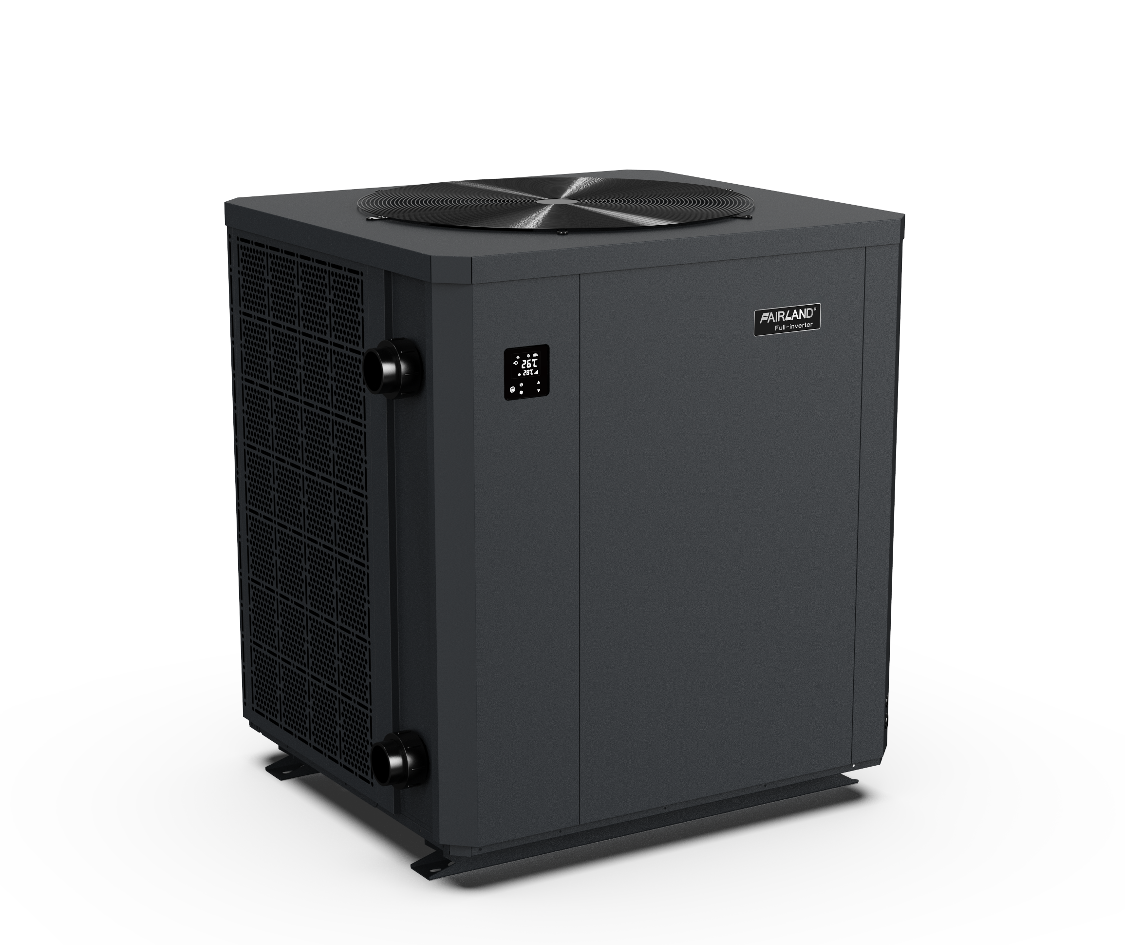 A black, rectangular heating and cooling unit with a digital control panel and two pipe connections on one side, labeled with the "Aquark" brand name. This Inverter Plus commercial heat pump features a fan grill on the top surface and stands on a flat base. | AES - Pool Heating & Energy Efficient Products