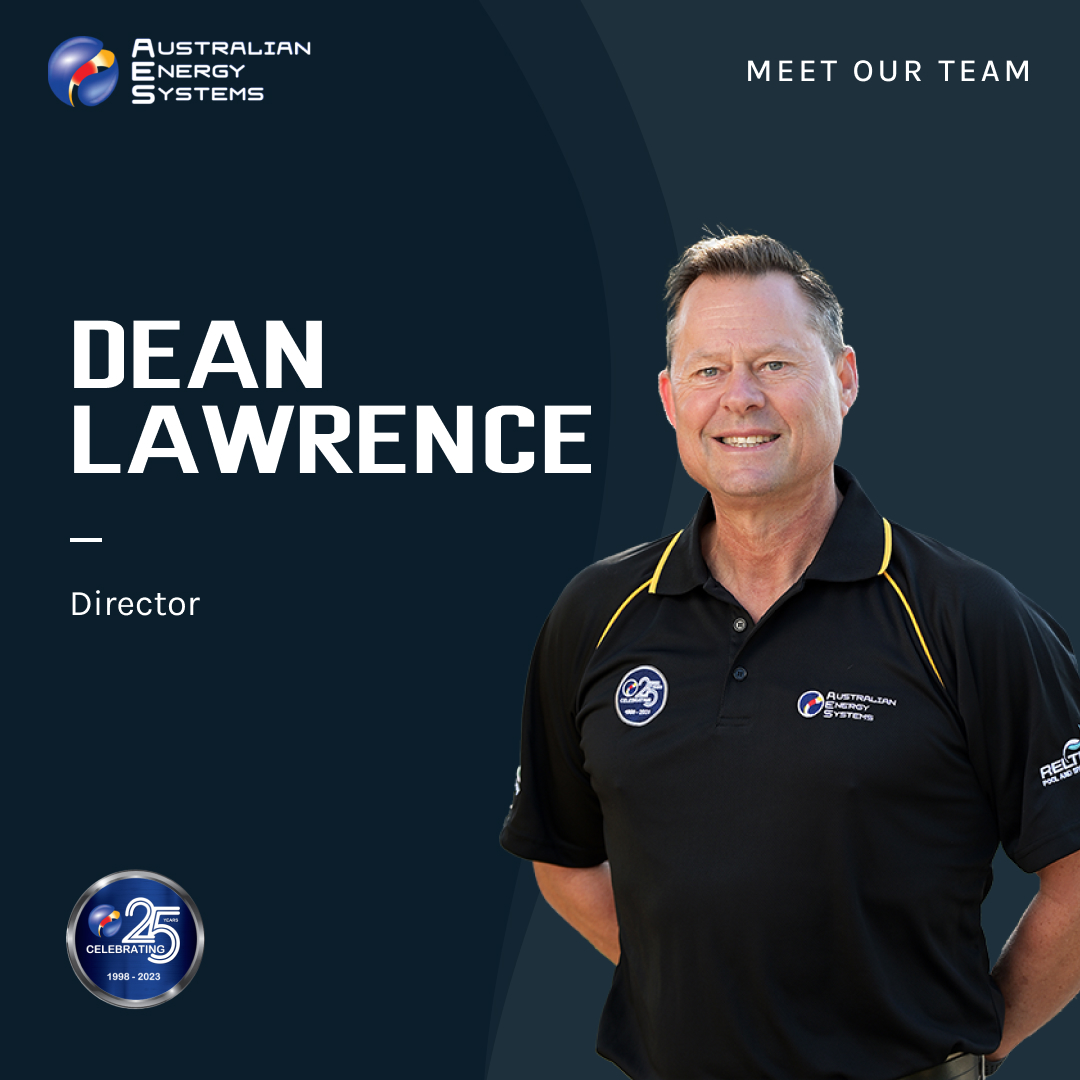 Dean Lawrence, Director at Australian Energy Systems, stands smiling while wearing a black polo shirt with company logos. The text reads "Meet Our Team" and "Dean Lawrence - Director," and there's a "25 Years Celebration" badge in the bottom left corner. Contact us to learn more about our team’s expertise.
 | AES - Pool Heating & Energy Efficient Products