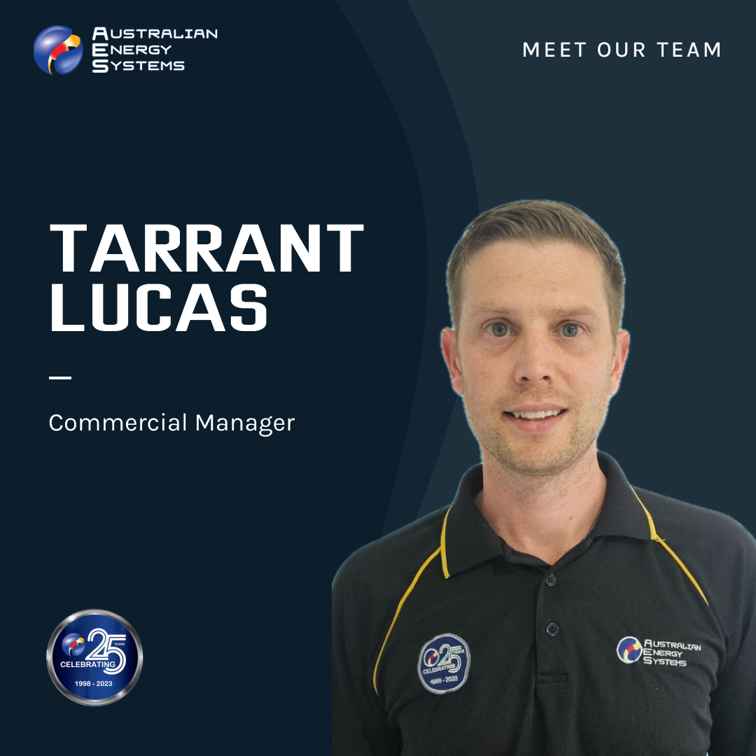 A graphic introduces Tarrant Lucas as the Commercial Manager for Australian Energy Systems. He is pictured wearing a black polo shirt with the company's logo. The navy background features text on the left, a 25th-anniversary badge at the bottom left corner, and "Contact Us" details subtly included. | AES - Pool Heating & Energy Efficient Products