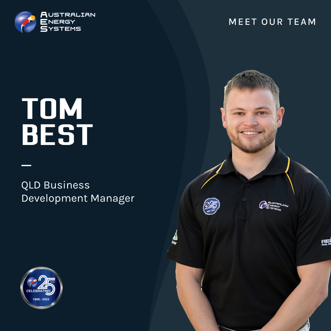 Image of a smiling man in a black polo shirt with company logos, identified as Tom Best, QLD Business Development Manager, under the title "Meet Our Team." An "Australian Energy Systems" logo is displayed at the top left, celebrating "25 Years" in a corner badge. | AES - Pool Heating & Energy Efficient Products