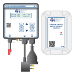 Illustration of two devices: a solar controller with a display screen showing temperature settings and a wireless temperature transmitter with brand logos. The display reads "Pool: 25°C, Set: 28°C, Roof: 35°C, Heating" with control buttons below. | AES - Pool Heating & Energy Efficient Products